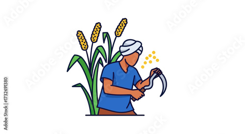 Illustration of a farmer harvesting corn with a sickle.