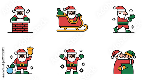 Vector art of various santa claus characters in different poses, including chimney, sleigh, boxing, bell, hugging and waving