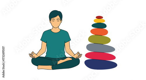 Man meditating in lotus pose beside a stack of balanced stones.