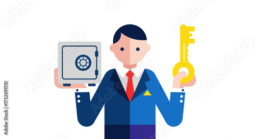 Businessman in a suit holding a secure safe and a golden key.