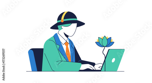 Stylish person in a fedora hat working on a laptop computer.