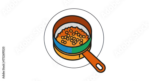 Simple cartoon illustration of a cooking pot with food.