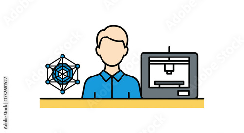 Engineer with 3D printer and complex geometric model icon.
