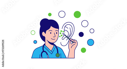 Female doctor examining a human ear with a medical instrument.