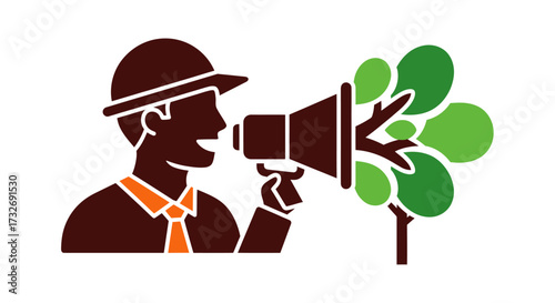 Illustration of a man in a hard hat speaking for the trees.