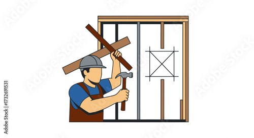 Cartoon construction worker hammering wooden beams together.
