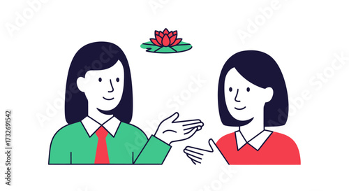 Two women having a mindful conversation with a lotus flower symbol.