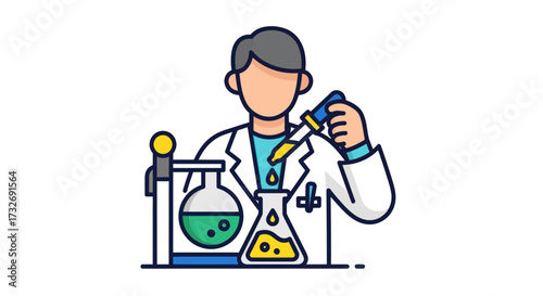 Cartoon illustration of a scientist working in a laboratory.