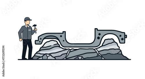 Mechanic with hammer next to car chassis on rocks.