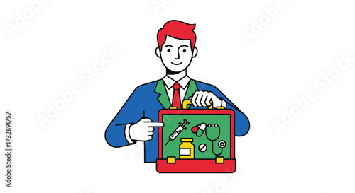 Man in suit presenting a medical kit with various healthcare tools.