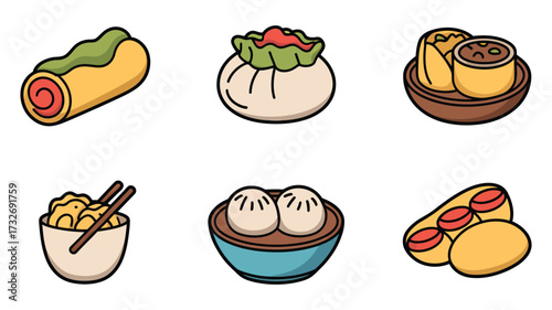 Vector art of collection of delicious and diverse dim sum icons, showcasing various types of steamed and fried asian delicacies