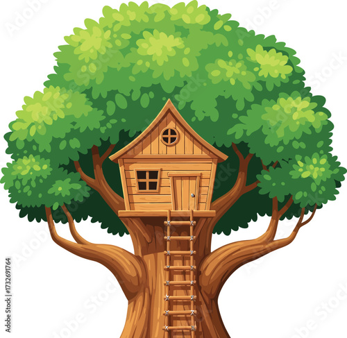 Illustration of a tree house with a ladder