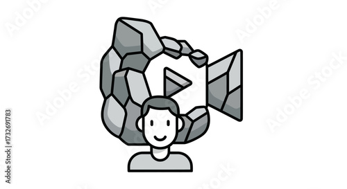 Man with a video camera head made of rocks symbolizing strong and stable content creation.