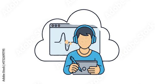Creative professional using a graphic tablet and headphones for digital work.