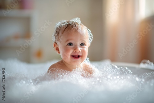 Cute baby boy taking a bath with foam and bubbles – happy child smiling in bathtub, clean hygiene and fun childhood moment