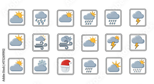 Weather icons depicting various conditions and forecasts for different times.
