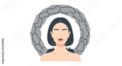 Portrait of a woman framed by a circular stone arch.