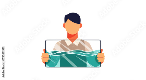 Faceless man holding a smartphone displaying flowing water waves.