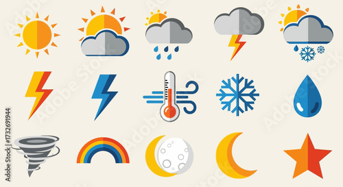 Weather Icons Set - Sun, Rain, Snow, Wind, Lightning.