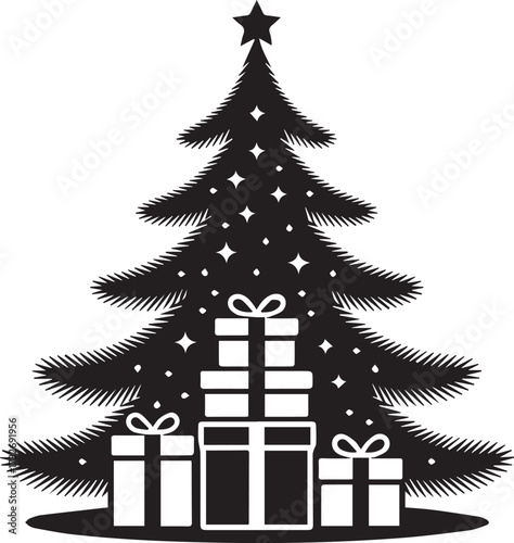Classic christmas tree silhouette with gift boxes and star topper for holiday designs