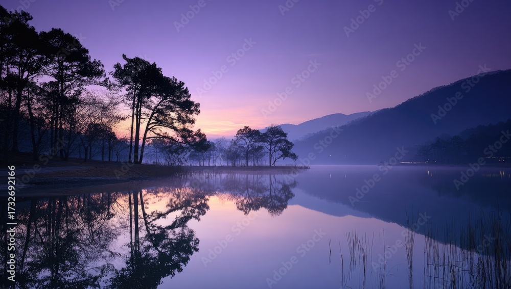 Obraz premium A serene lake reflects the tranquil hues of a peaceful sunrise, casting silhouettes of trees against a misty mountain backdrop.