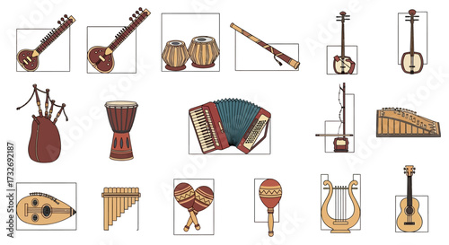 A Diverse Array of World Music Instruments Illustrated.