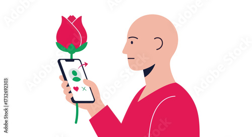 Bald person finds digital romance on a dating app with a rose.