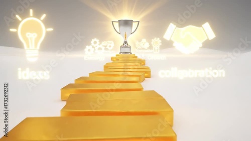 Golden Steps to Success - This video illustrates a golden stairway leading towards success, highlighting key steps such as ideas, strategy, execution, growth, and collaboration.