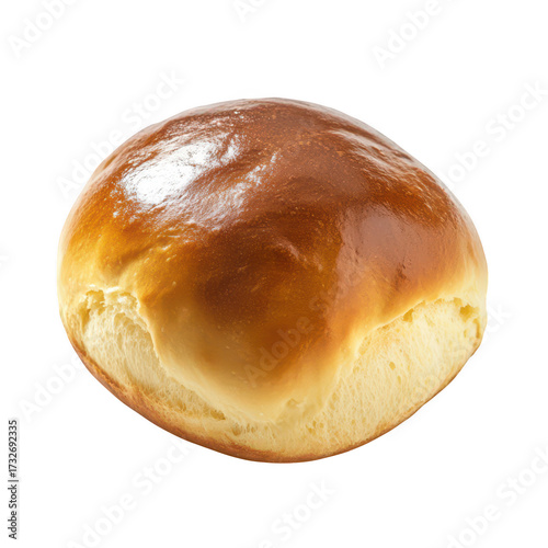 A freshly baked. golden-brown brioche bun sits on a clean. white surface. its soft. fluffy texture. ideal for culinary presentations or recipes