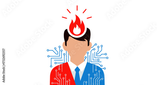 Conceptual illustration of a businessman with a burning mind and digital integration.