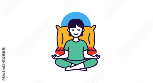 Cartoon woman meditating peacefully in green pajamas.