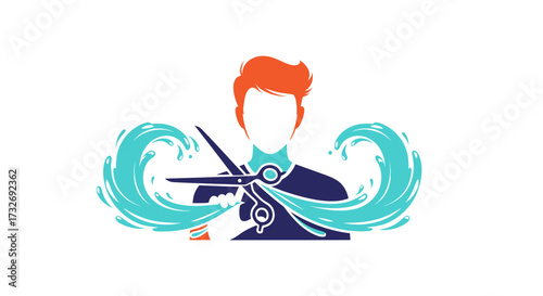 Stylized Barber with Scissors and Blue Waves Logo.