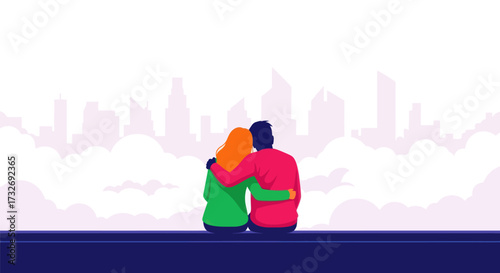 A romantic couple seen from behind sitting and hugging.
