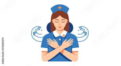 A compassionate nurse with a serene expression and crossed arms.