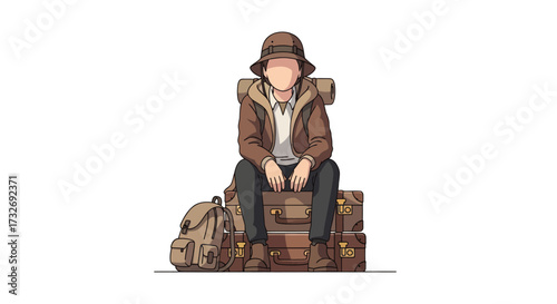 A lone traveler with a backpack sits on a pile of suitcases.