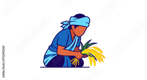 Stylized illustration of a female farmer harvesting crops.