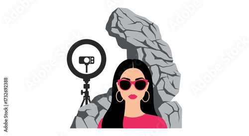 Stylish Woman with Sunglasses and Ring Light Illustration.