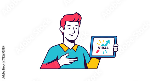 Young man presenting a viral growth chart on a tablet illustration.