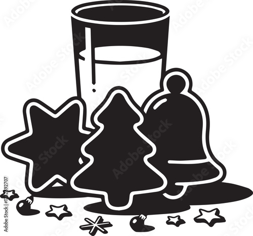 Christmas eve treats with milk and cookies shaped like stars trees and bells
