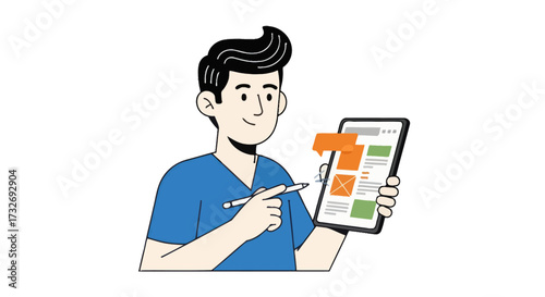 Young man completing an online survey on a digital tablet.