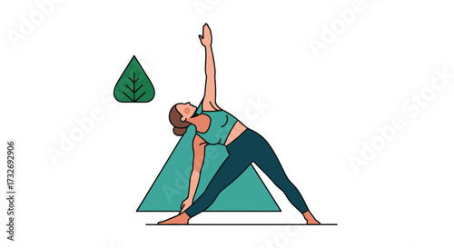 Woman practicing Trikonasana or Triangle Pose yoga exercise.