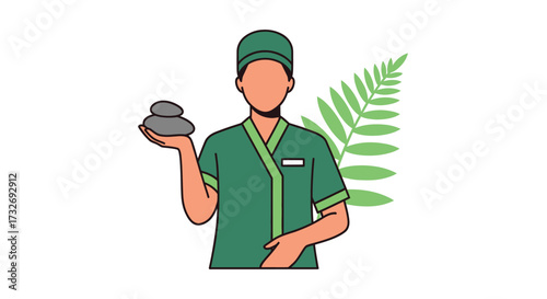 Spa therapist in green uniform holding hot stones.