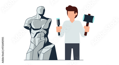 Sculptor with chisel and mallet creating a modern statue.
