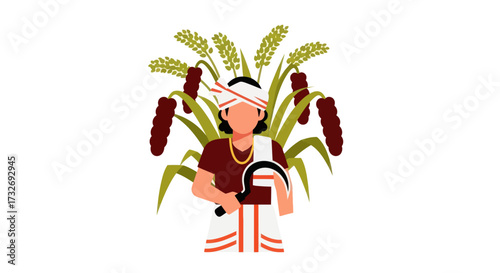 Farmer with sickle and crops symbolizing agriculture and harvest.