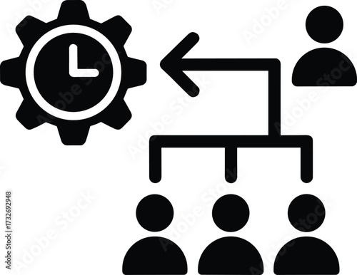 Black and white icon, time management gear, delegation concept, leadership hierarchy, project planning symbol, workforce organization, task assignment, business strategy, productivity illustration