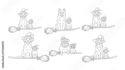 Whimsical Halloween Dogs on Broomsticks: An enchanting black and white illustration presents a variety of canine companions, each perched jauntily on broomsticks.