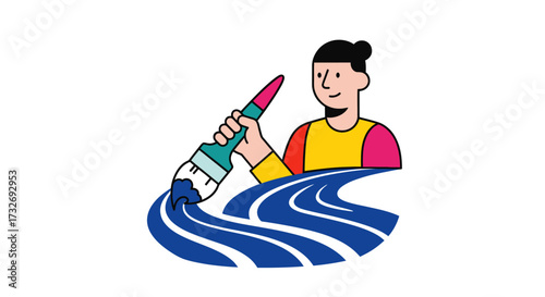 Creative artist character painting a blue path with a large brush.