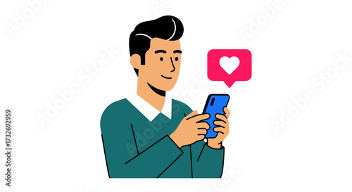 Man using smartphone with heart icon social media interaction.