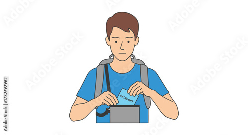 Man with backpack looking into his bag.