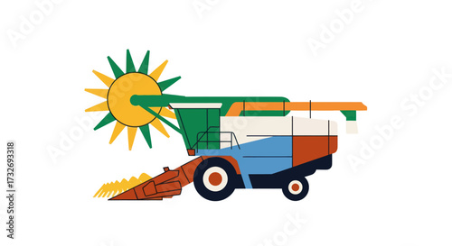 Stylized colorful combine harvester agricultural machinery illustration.